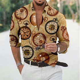 Men's Leaves Clock Shirt Button Up Shirt Vintage Designer Ethnic Style Daily Holiday Going out Spring, Fall, Winter, Summer Turndown 3D Print 21031 19014C gold