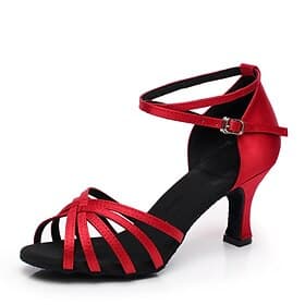 scarpe da ballo latino in raso rosso da donna – tacchi da sala da ballo con cinturino e suola in pelle scamosciata per salsa e performance