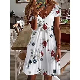 Kvinne Mini Kjole Petite Kjole T-skjorte Kjole Tee Kjole Selsommar Kjole A-linje Kjole Søt Utendørs Ferie Fødselsdag Vanlig Passform Blomster Kort Erme V U Hje