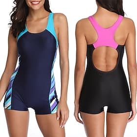 Women's Athletic Swimwear One Piece Swimsuit Racerback Boyleg Brief Leg Swimsuit Surfing Racing Athletic Patchwork Swimwear Chlorine resistance Quick Dry Light