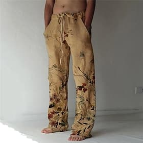 Men's Trousers Summer Pants Beach Pants Elastic Drawstring Design Front Pocket Straight Leg Graphic Prints Flower / Floral Comfort Soft Casual Daily For Vacati