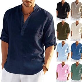 Men's Hiking Shirt Henley Shirt Tee Tshirt Top Outdoor Quick Dry Lightweight Sweat wicking Breathable Summer Spring Cotton And Linen Light Blue Navy Denim Blue
