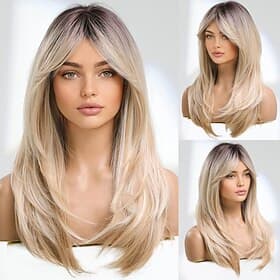perruque synthétique droite avec une frange perruque longueur moyenne a1 cheveux synthétiques femmes cosplay party fashion blonde fête de noël perruques