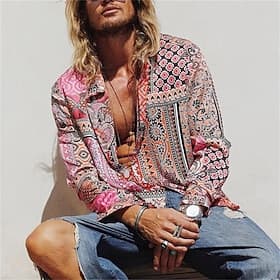 Men's Paisley Tribal Shirt Boho Shirt Long Sleeve Fashion Designer Casual Outdoor Casual Daily Spring Fall Turndown 3D Button-Down Blue Light Pink Yellow Gre