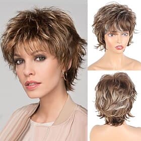 pelucas marrones cortas para mujeres peluca de corte pixie con flequillo pelucas rizadas rectas en capas para mujeres blancas peluca sintética completa peluda