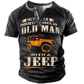 T-shirt Henley graphique à manches courtes pour homme 'Ne sous-estimez jamais un vieux homme dans un Jeep'