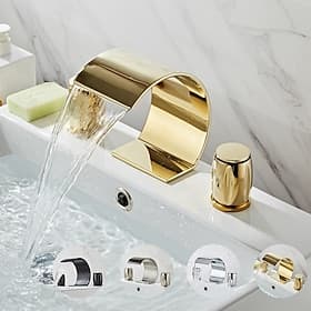 Widespread Bathroom Sink Mixer Faucet, Waterfall Arc Spout Brass 3 Hole 2 Handle Basin Tap Deck Mounted, Washroom Basin Vessel Water Tap with Hot and Cold Hose