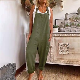 Women's 100% Cotton Jumpsuits Casual Bib Utility Rompers Side Pockets Full Length Pants Weekend Inelastic Plain Faux Linen Comfort Mid Waist Green Black Red S