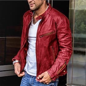 Herren Lederjacke Kunstlederjacke Motorrad Jacke Motorradjacke warm Regendicht Jacke Oberbekleidung Schwarz Rote