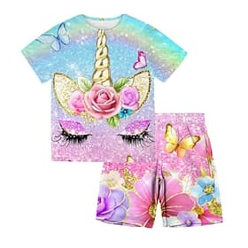 2 pezzi Bambino Da ragazza T-shirt e pantaloncini Completo Vestito Animali Unicorno Manica corta Girocollo Impostare Esterno Attivo Di tendenza stile sveglio E