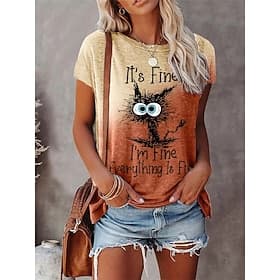 T shirt Tee Femme Violet Marron Gris Patchwork Imprimer Manches Courtes Casual du quotidien basique Col Rond Normal I'm Fine Everything Is Fine Standard S / 3D