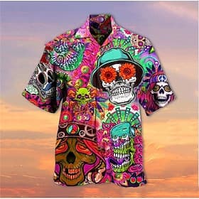 Herren Schädel Hemd Sommer Hawaiihemd Camp-Kragenhemd Kurzarm Hemd Umlegekragen Hawaiianisch Designer Lässig Lässig Täglich Outdoor Blau Rote Purpur 3D-Druck S