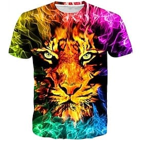 T-shirt Garçon Enfants Manche Courte 3D effet Animal tigre Col ras du cou Arc-en-ciel Enfants Hauts Printemps Eté Actif Sportif Mode Extérieur du quotidien Sta