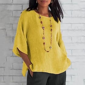 Mujer Camisa Algodón Compuesto Blusa Tops largos de algodón Plano Diario Básico Casual Manga Larga Cuello Barco Escote Redondo Tops regulares Diario Azul Pisci