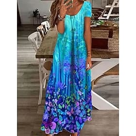 Women's Maxi Dress Casual Dress Shift Dress Long Dress White Blue Green Short Sleeve Floral Print Spring Summer Crew Neck Basic Daily Vacation Summer Dress 202