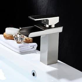 Bathroom Sink Mixer Faucet Waterfall, Modern Style Single Handle One Hole Chrome Centerset Washroom Basin Taps Brass Adjustable Cold Hot Water Hose