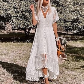 Femmes Robe Midi Robe en Dentelle Robe de Soirée Robe évasée Élégant Mature Extérieur Fête Sortir Coupe régulière Couleur Unie Manche Courte Col en V Blanche É