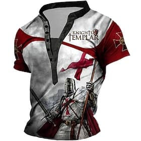 Homens Gráfico Cruz dos Templários Cavaleiros Templários Camiseta Camisa Henley Camisetas Manga Curta Impressão 3D Designer Básico Casual Ao ar livre Diário Es