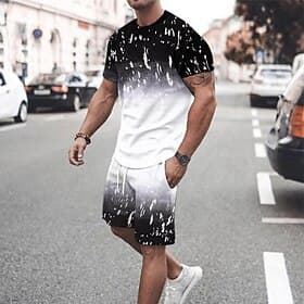 Men's Graphic Gradient 2pcs Tees sets Tee Set Short Sleeve Short Pants Crew Neck Fashion Lightweight Basic Street Daily Sports Print Summer Spring Navy Blue Gr