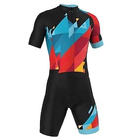 Men's Triathlon Tri Suit Short Sleeve Mountain Bike MTB Road Bike Cycling Summer Black Yellow Red Geometic Bike 3D Pad Quick Dry Back Pocket Moisture Wicking B