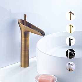 Antique Brass Bathroom Sink Faucet,Waterfall Single Handle One Hole Bath Taps with Hot and Cold Switch and Ceramic Valve
