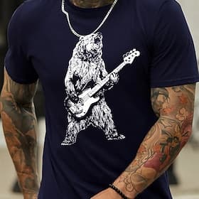 Maglietta Grafica da Uomo Orso Rock Giocando la Chitarra Elettrica - Maglietta Divertente per Amanti della Musica Animale