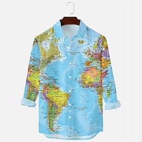 Men's Map Shirt Button Up Shirt Long Sleeve Vintage Fashion Designer Outdoor Casual Holiday Fall Winter Turndown Print Button-Down Blue Light Pink Green Khaki