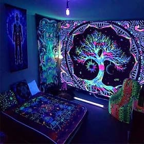 Tapisserie à lumière noire réactive aux UV qui brille dans le noir, décoration murale suspendue, arbre de vie psychédélique, brumeux, pour salon, chambre à cou