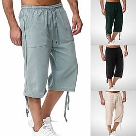 Men's Capri Pants Linen Shorts Summer Shorts Beach Shorts Pocket Elastic Waist Drawstring Plain Soft Breathable Calf-Length Sports Outdoor Casual Black Blue