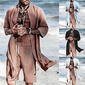 Hombre Camisa de verano Camisa casual Camisa de playa Plano Vacaciones Calle Azul Piscina Café Manga Larga Cuello Mao Verano Ropa Abotonar
