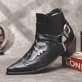 Schwarze Western-Motorradstiefel aus Leder für Herren – gesticktes Design mit Metallschnalle und Kette für Biker- und Modebekleidung