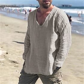 Men's Linen Shirt Summer Shirt Beach Wear Casual Shirt Solid Color Outdoor Street Wine Light Grey Gray Long Sleeve V Neck Spring Fall Clothing Apparel