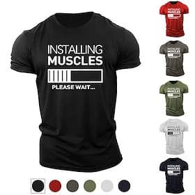 Men's Funny Gym T-Shirt - Installing Muscles Please Wait Graphic Tee for Workout Fitness, Short Sleeve