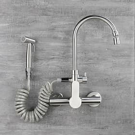 Kitchen Faucet with Bidet Single Handle Two Holes Stainless Steel Standard Spout Wall Mounted Modern Contemporary Kitchen Taps
