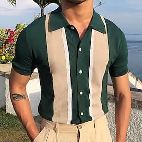 Men's Knit Polo Sweater Polo Shirt Outdoor Street Turndown Button Short Sleeve Casual Old Money Style Striped Button Front Summer Spring Fall Regular Fit Black