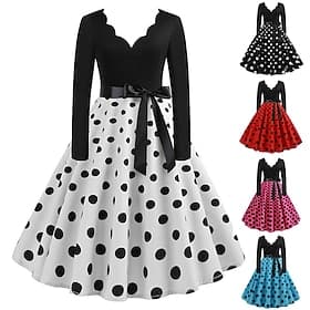 Années 1950 Rétro Vintage Mi-long Robe Robe de thé Rockabilly Pois Ajusté Évasé Balançoire Déguisement Femmes Noël Carnaval Nouvel An Retour à la maison Tenue