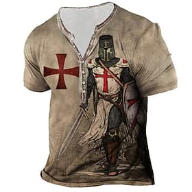 Men's Graphic Templar Cross Cross T Shirt Henley Shirt Tee Short Sleeve 3D Print Designer Basic Casual Daily Outdoor Sports Summer Blue Purple Brown Green Gray