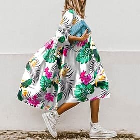 Femmes Robe Midi Robe bohème Robe évasée Occasionnel Boho Quotidien Extérieur Vacances Coupe régulière Fleuri Manche 3/4 Col ras du cou Col rond Blanche Jaune