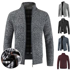 Men's Sweater Cardigan Sweater Zip Sweater Sweater Jacket Fleece Sweater Ribbed Knit Classic Style Fleece Solid Color Stand Collar Classic Timeless Chic Mode