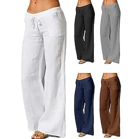 Women's 100% Cotton Plus Size Summer Pants Casual Daily Ankle-Length High Waist Solid Color Drawstring Wide Leg Comfy Quick Dry Soft Micro-elastic Black White