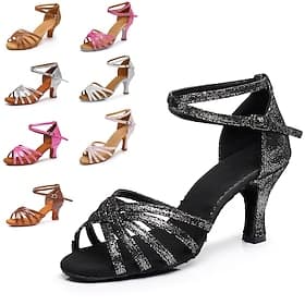 Women's Black Glitter Latin Dance Shoes – Strappy Open-Toe Ballroom Heels with Ankle Strap and Comfortable Suede Sole, Perfect for Salsa, Latin, and Tango Danc