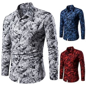 Herre Blomstret Skjorte Skjorte med knapper Langermet Mote Designer Lettvekt Bryllup Feriereise Fest Kneppet krage Trykt mønster Hvit Rød Blå