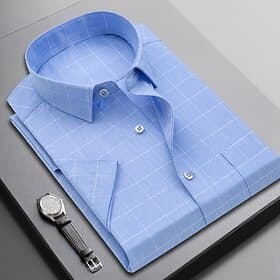Herren Oberhemd Bügelfreies Hemd Kariert / Gestreift / Chevron Hochzeit Blau Grau Leicht Blau Kurzarm Umlegekragen Sommer Frühling Bekleidung