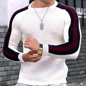 Voor heren Trui Bijgesneden trui Wafelstof breien Gecoupeerd Gebreid Streep Ronde hals Blijf warm Causaal Kleding Raglan mouwen Herfst winter Zwart Wit M L XL