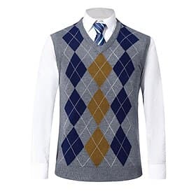 Herren Pullunder Kleid Pullover Stilvoll Vintage-Stil Farbblock Bogengimpe Gerippt V Ausschnitt Patchwork Strick Geflochten Drop-Schulter Ärmellos Stricken Wei