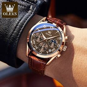 OLEVS Quartz Watch for Men Fashion Business Dress Waterproof Wristwatch Breathable Leather Quartz Watch Chronograph Sports Watch Men Gifts