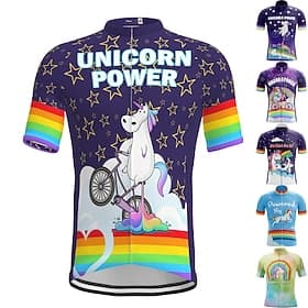 Men's Cycling Jersey Rainbow Unicorn Funny Short Sleeve Bike Jersey Top with 3 Rear Pockets Mountain Bike MTB Road Bike Cycling Quick Dry Soft Reflective Strip