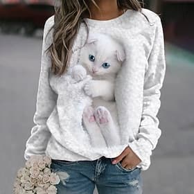 Damen Sweatshirt Pullover Katze Street Casual Sport Basic Rundhals Langarm Top Mikroelastisch Herbstamp;Winterkomfort, atmungsaktives, weiches Gewebe