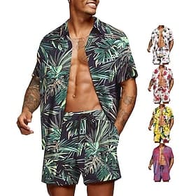 Herren Grafik Palmblatt Tropische Pflanzen 2St Hemden-Sets Sommer Hawaiihemd Kurzarm Kurze Hosen Umlegekragen Designer Strand Urlaub Lässig Täglich 3D Sommer S