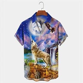 Men's Wolf Eagle Shirt Button Up Shirt Short Sleeve Tropical Fashion Hawaiian Outdoor Beach Summer Spring Turndown Print Button-Down Purple